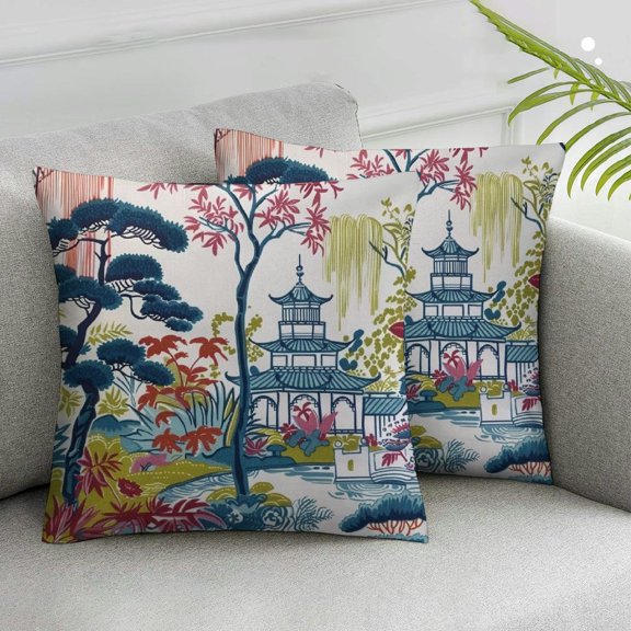 Acheng Blue Pagoda White Coral Color Flower Pillow Covers Asian Pagoda Blue Cushion Cover Oriental Toile Chinoiserie Farmhouse Throw Pillow Case for Bedroom Sofa Couch White,2 Pcs White