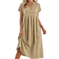 thumbnail image 5 of Kojanyu Women's Summer Fashion Solid Color V-Neck Short Sleeve Pocket Knee-Length Dress – Lightweight Casual Cotton-Like Polyester Midi Dress for Daily Wear, 5 of 6