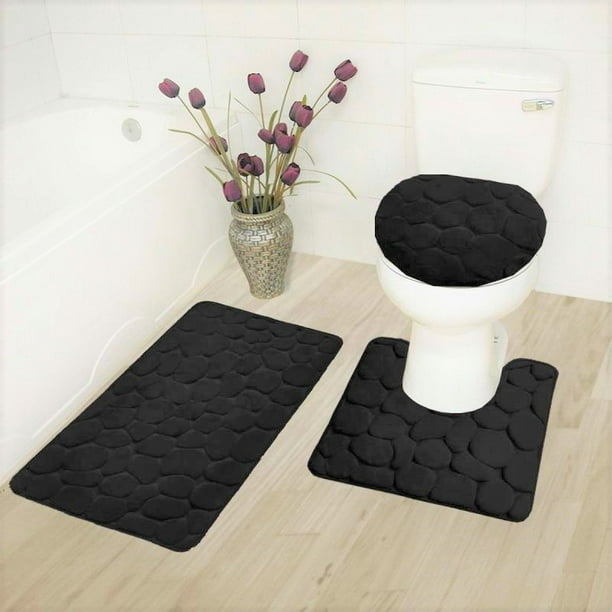 Contour Mat 1 Lid Toilet Cover, 5 Piece Bathroom Rug Set Black