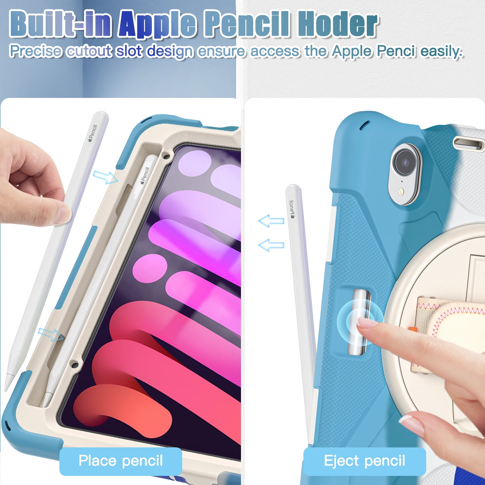Rugged Case for 2021 Apple iPad Mini 8.3-Inch (6th Generation 2021 Release) - Rotating Stand Case with Hand Strap /Adjustable Shoulder Strap /Pencil Holder, Shockproof Protective Cover (Rainbow Blue)