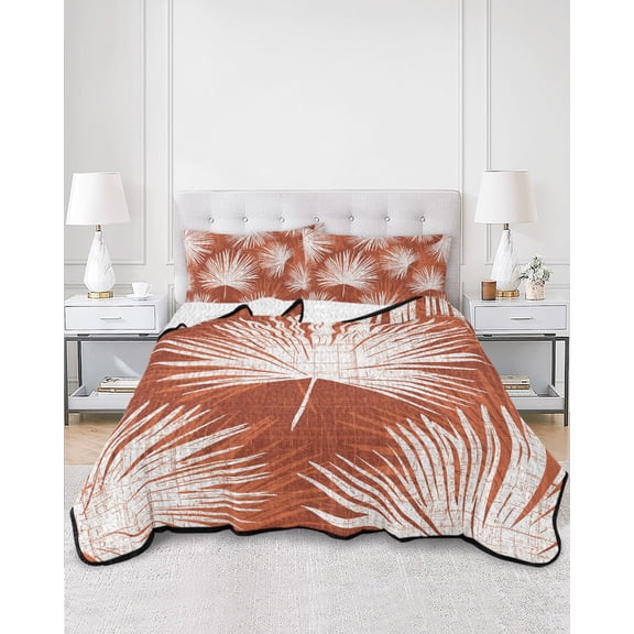 Quilts Twin Size, Burnt Orange Palm Leaves Soft Comforter Bedding Set for Bed, Summer Tropical Botanical Lightweight Quilted Bedspread with Pillow Cover(2 Pieces) for All Season, 68x86 Inch
