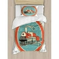 thumbnail image 3 of Steam Engine Duvet Cover Set Queen Size, Vintage Style Orange and Blue Banner Train Transportation Retro, Decorative 3 Piece Bedding Set with 2 Pillow Shams, Turquoise Salmon Ivory, by Ambesonne, 3 of 3