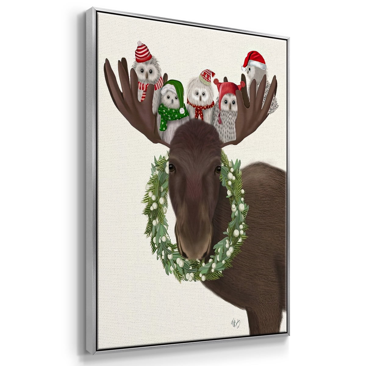 Christmas Moose and Christmas Owls - Framed Gallery Wrapped Holiday Canvas - 17 x 25 - Silver Frame