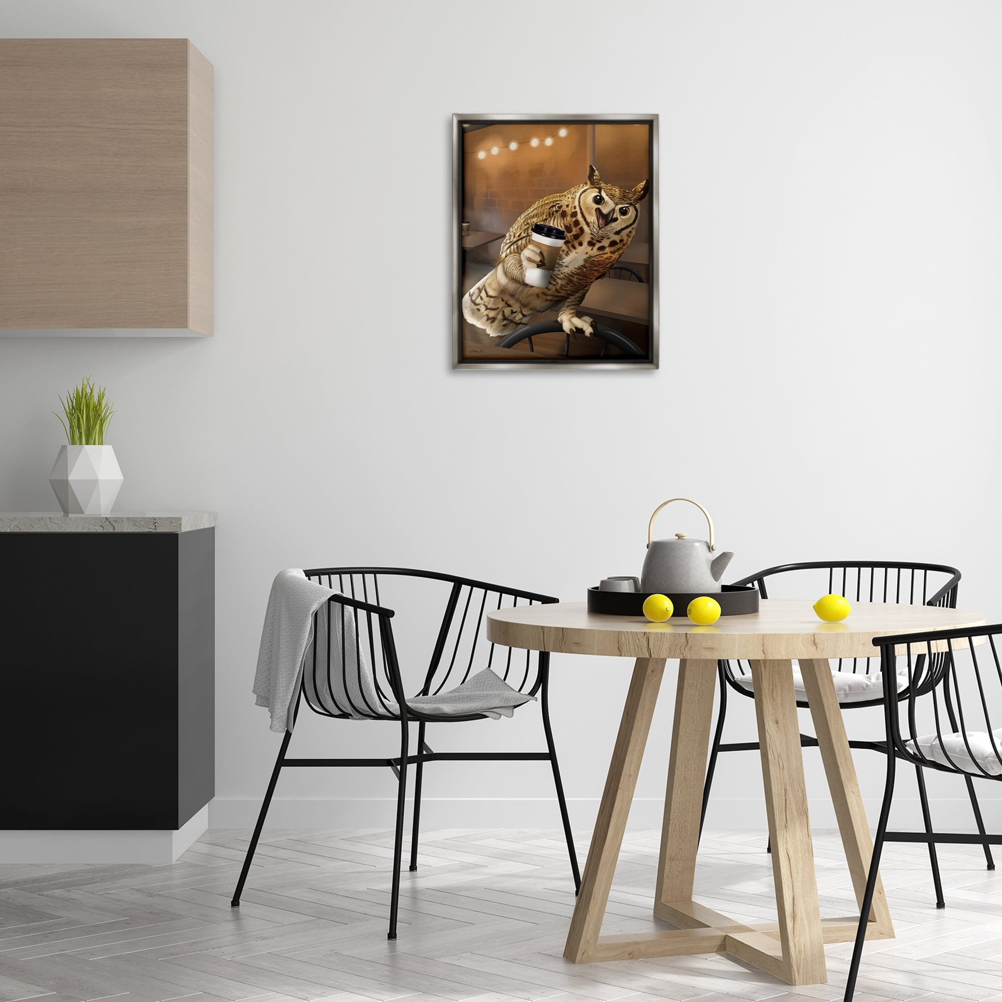 Stupell Industries Owl with Coffee Cup Food & Beverage Painting Gray Floater Framed Canvas Art Print Wall Art, 17 x 21