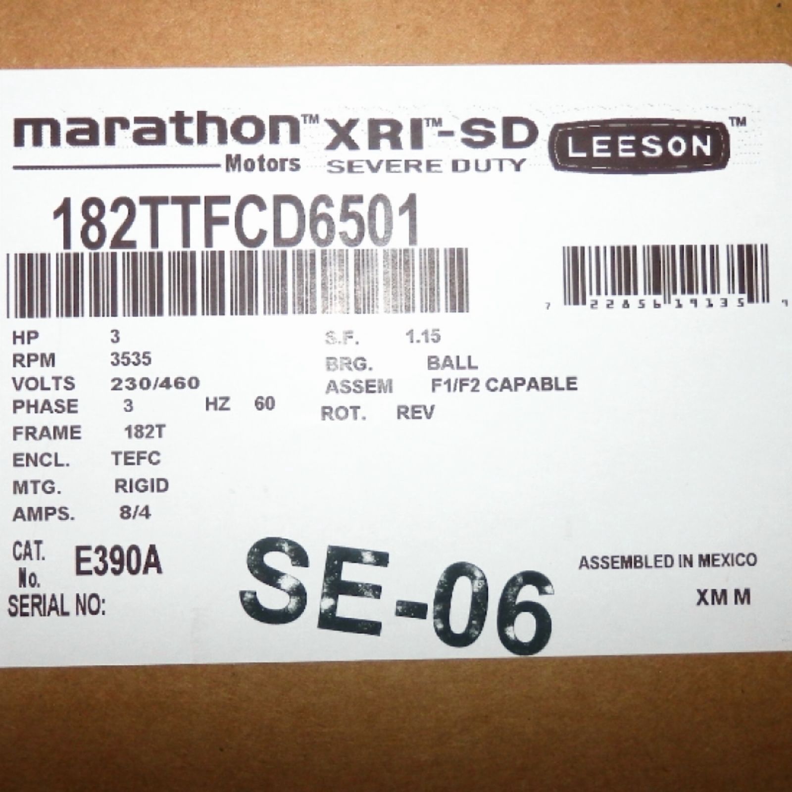 Marathon XRI-SD 3600 RPM Severe Duty Motor E390A 182TTFCD6501
