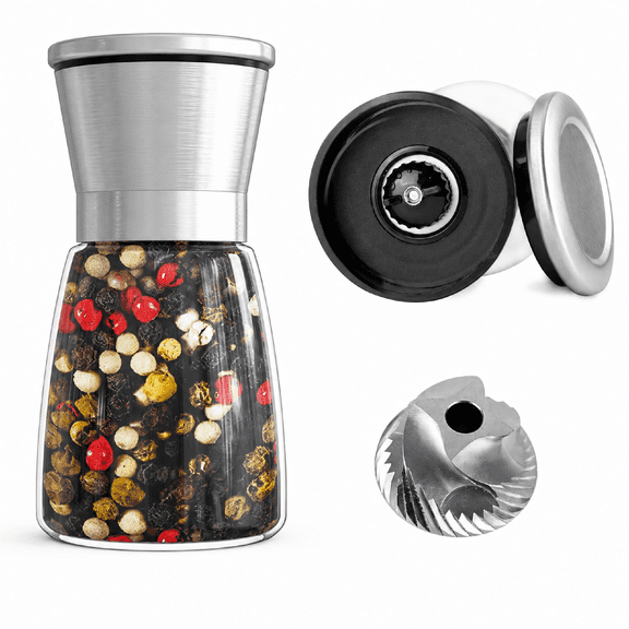 Pepper Grinder Carbon Steel Rotor Glass 6oz Stainless Steel Cap Adjustable Refillable Silver Kitchen