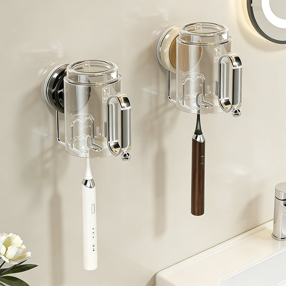 Suction Cup Toothbrush & Mouthwash Holder, Plastic Bathroom Organizer with Cup, Space-saving Travel & Home Storage, Topliu