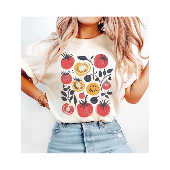 Women's White Tomato and Citrus Graphic Tee, Boho Printed T-Shirt, Casual Top for Food Enthusiasts & Boho Style Lovers