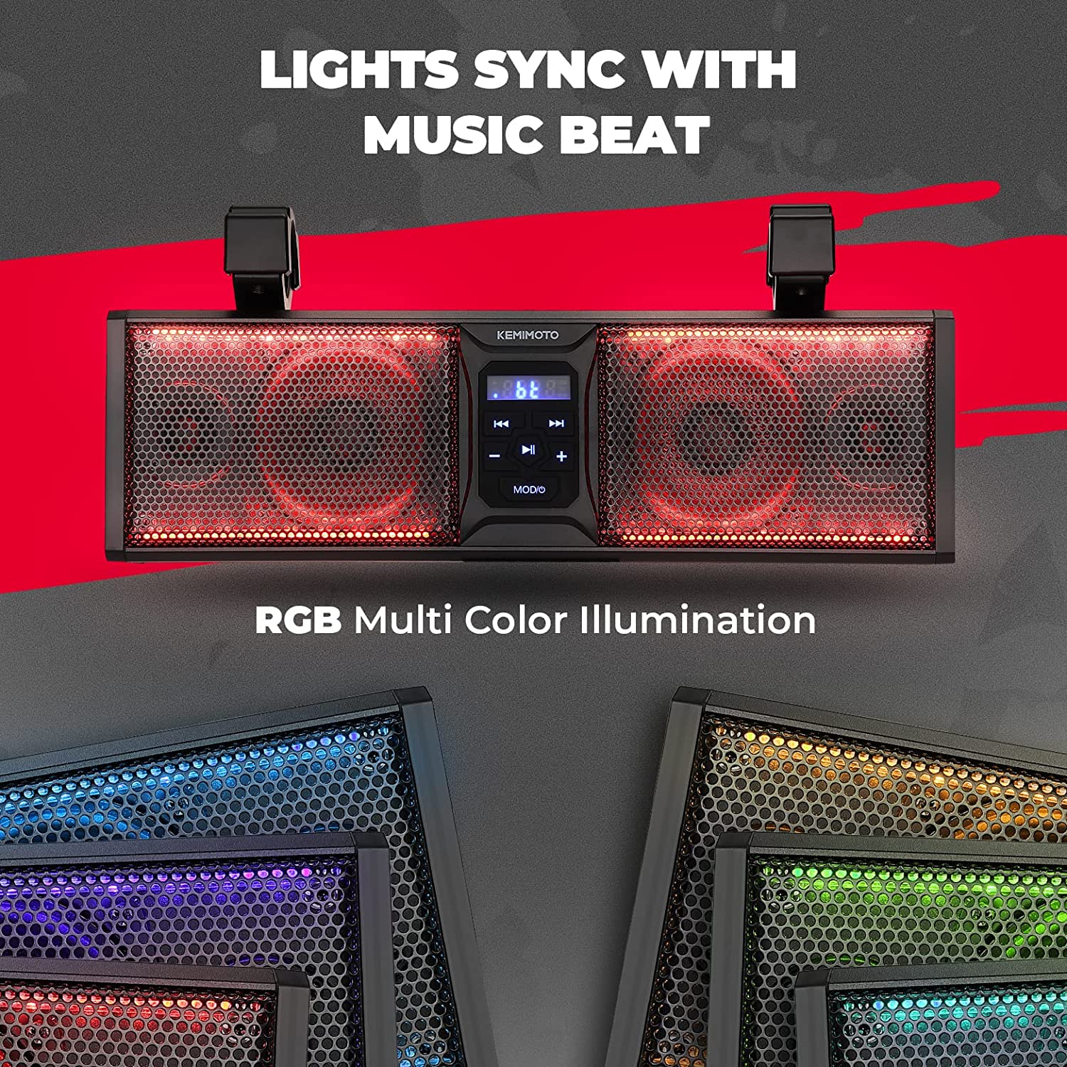 kemimoto UTV Sound Bar 16 Inch ATV SoundBar UTV Sound System SXS Speakers Waterproof Bluetooth Connectivity with Multicolor LED Lighting Compatible with Polaris RZR Ranger Can-Am Defender Maverick kemimoto UTV Soundbar SXS Sound Bar X Speaker-28 Inches Wide, IPX Waterproof, Bluetooth Compatible, Amplified, USB, AUX Input, X Speaker,