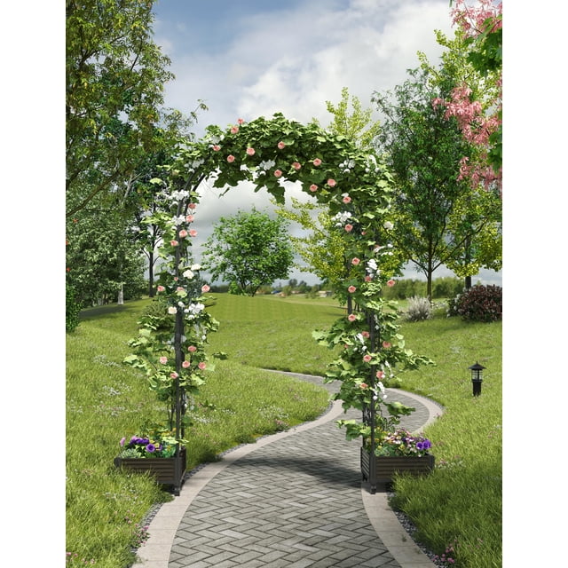 AKDSteel 94.5 Inch Wedding Arch Trellis With Planter Boxes, Pe Coated Metal Garden Arbor For Climbing Plants, Rust-Free Outdoor Archway For Backyard, Party, Or Wedding Decor