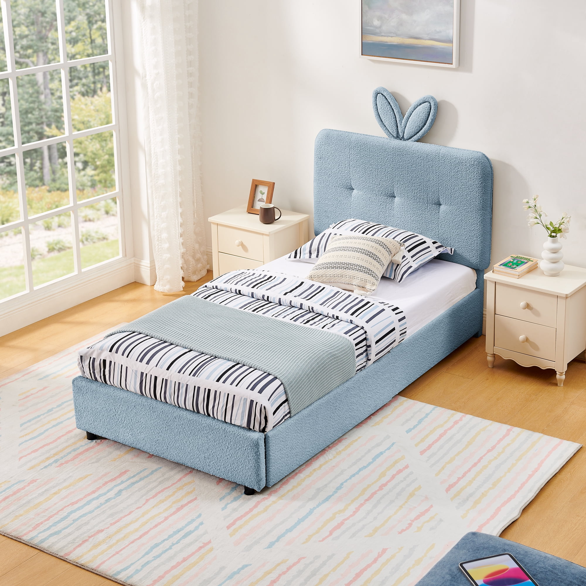 Mintazer Twin Upholstered Kids Bed with Oversized Rabbit Ear Headboard, Boucle Fabric Platform Bed with LED Headboard & 4 Storage Drawers, Blue