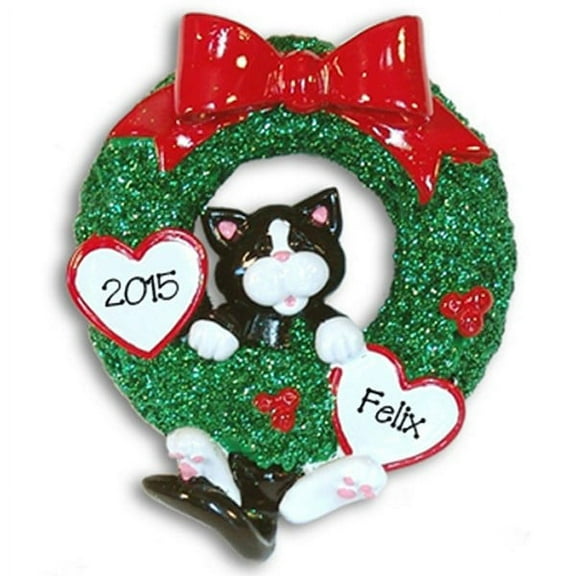 Tuxedo Cat in Wreath Personalized Christmas Ornament