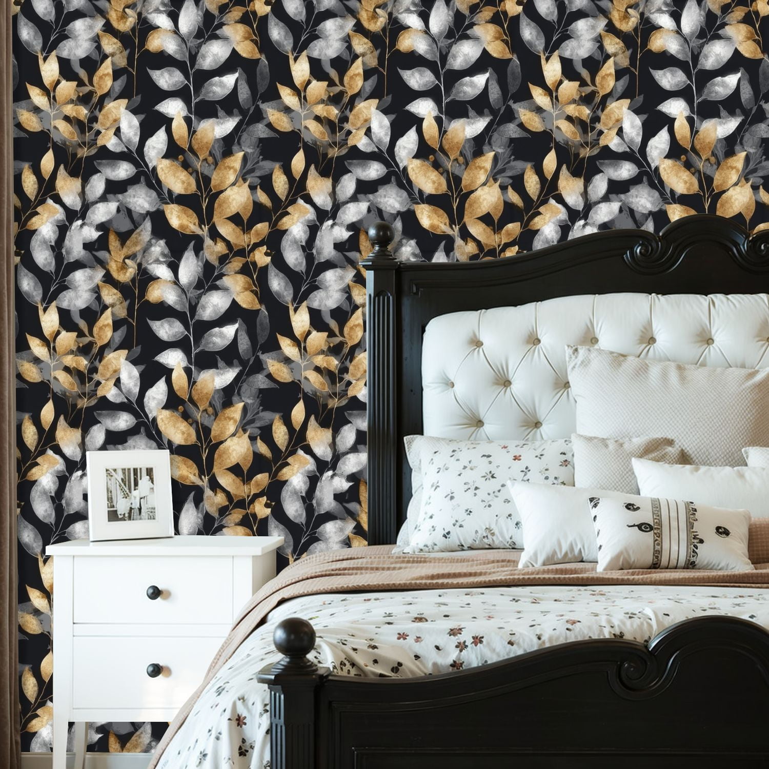 Modern Peel and Stick Wallpaper 23.6in x 9.8ft Elegant Gold Silver Leaf Dark Contact Paper Vinyl Waterproof Self Adhesive Wall Paper for Bedroom Shelf Cabinet Renter Friendly
