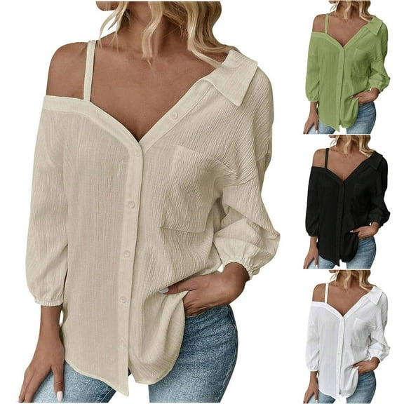 CQONEPT Clearance Off Shoulder Tops for Women Button Down Shirts with Pockets Summer Solid 3/4 Sleeve Top,White