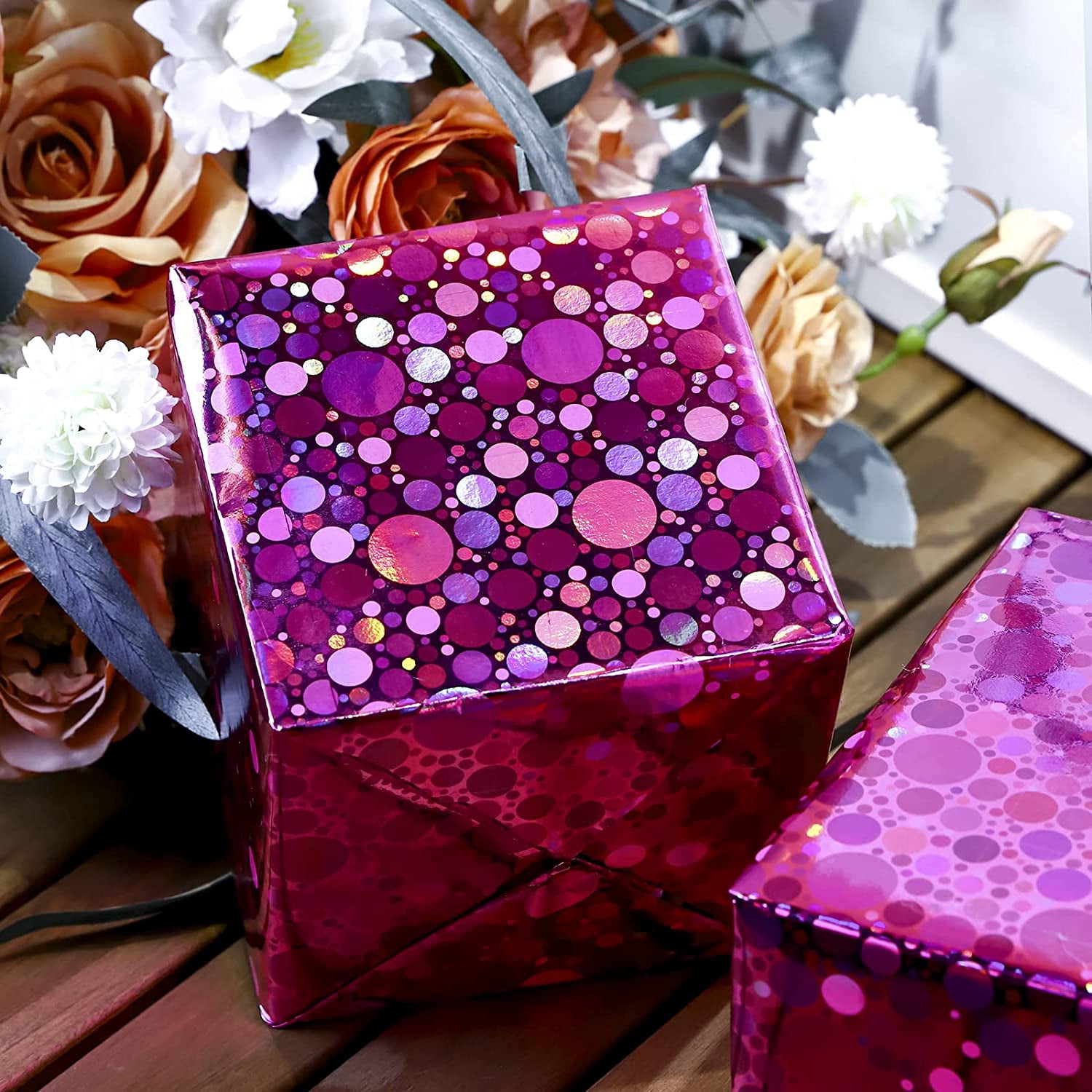 Pink Holographic Wrapping Paper Roll, Shiny Polka Dot Metallic Foil for Birthday, Valentines, Mothers Day, Wedding, Bridal Shower, Graduation, Christmas, Mini Roll 17 in x 32.8 ft