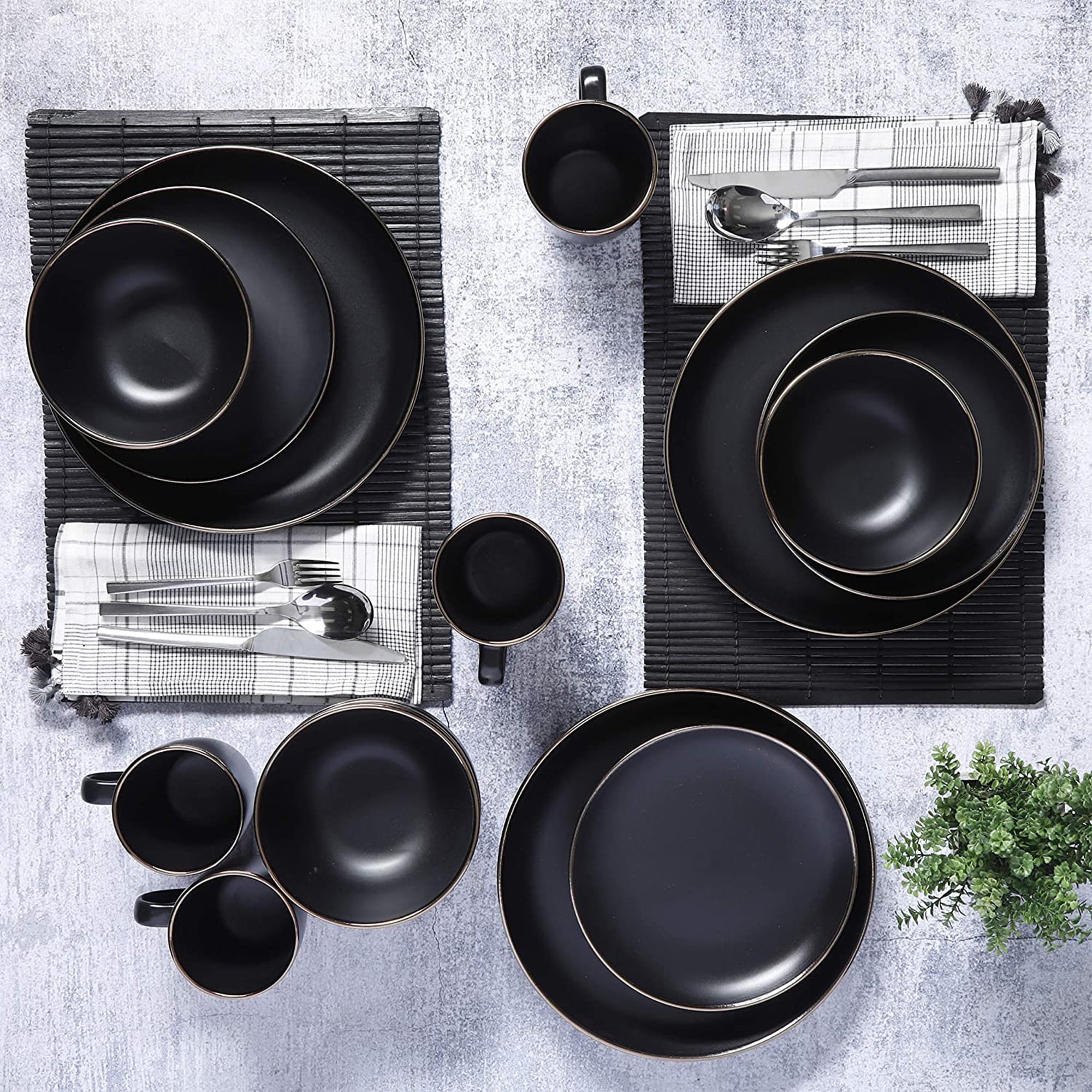 Gibson Home Munich Gold 16-Piece Dinnerware Set - Matte Black w/ Gold Rim