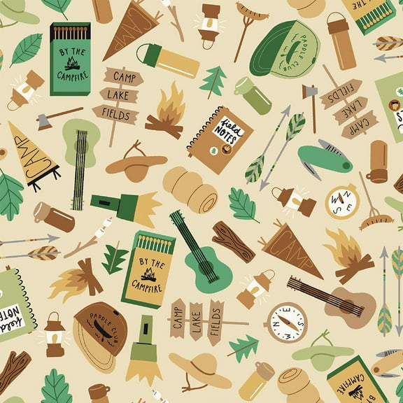 Tan Camping Gear, Campground camping fabric, Camping Gear Khaki, Sold by the Quarter Yard