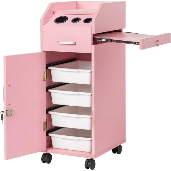 Mobile Salon Cart with 4 Drawers & 3 Hair Dryer Holders, Pink Rolling Beauty Storage Station with Lock & Keys, 33.8 Inch Height Hairdressing Tool Trolley for Makeup & Barber Shops