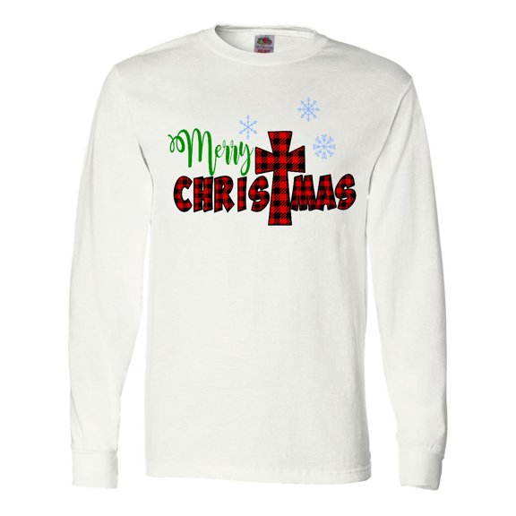 Inktastic Merry Christmas Buffalo Plaid Cross with Snowflakes Long Sleeve T-Shirt