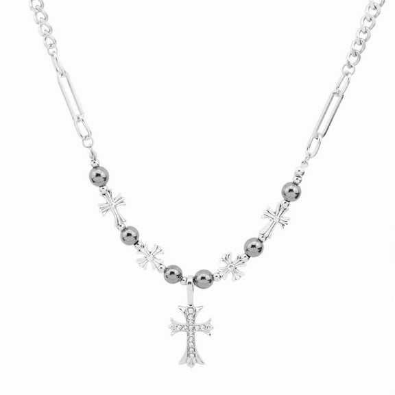 A black beaded diamond cross necklace, a stylish, street-inspired clavicle necklace perfect for both men and women.