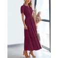 thumbnail image 4 of Burgundy Women Short Sleeve Maxi Dress High Waist Tiered A-Line Boho Flowy Beach Vacation Dress, 4 of 6