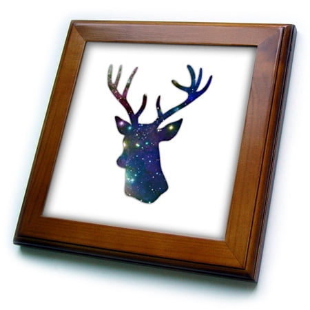 - 3dRose Deer stag head silhouette of dark blue outer space stars galaxy - Framed Tile, 6 by 6-inch