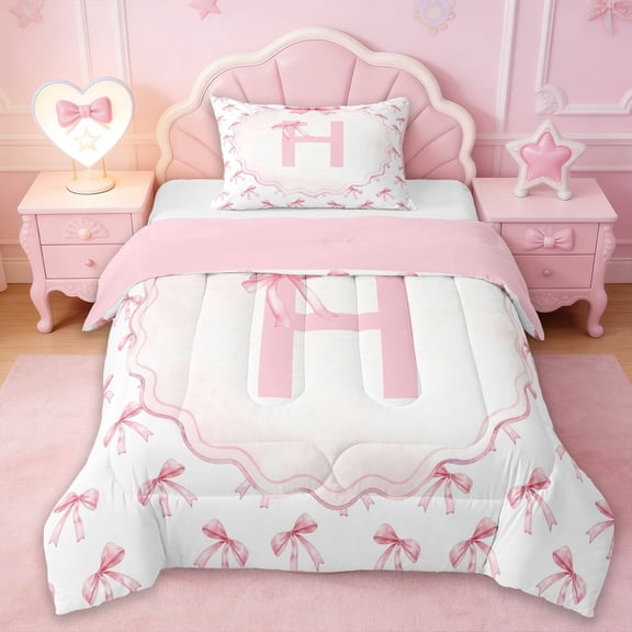 Erosebridal Pink Bowtie Twin Comforter Sets,Dreamy Princess Style H Alphabet Bedding Set For Girls Kids,Reversible pink,2 Pieces