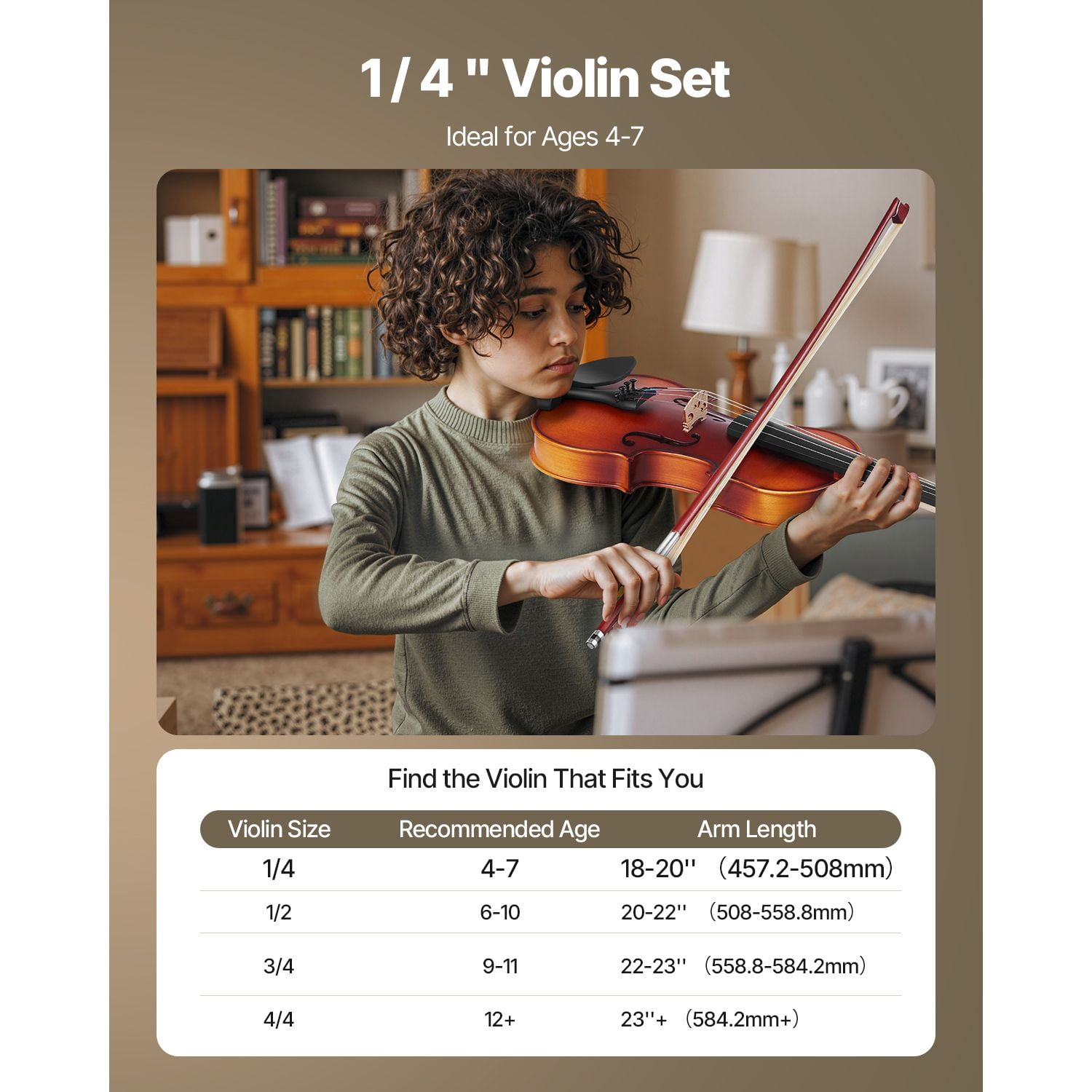 Dranite Professional 1/4 Size Solid Wood Violin Set for Beginners - Includes Protective Case & Rosin (Classic Brown)