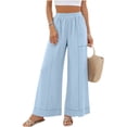 thumbnail image 4 of Cagogo Women Wide Leg Pants Cotton Linen Elastic Waist Casual Loose Long Trousers with Pockets Travel Lounge Solid Beach Clothes, Light Blue XL, 4 of 7