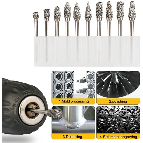 10PCS Tungsten Carbide Rotary Burr Set, 1/8" Shank Cutting Carving Bits for Dremel Rotary Tool Accessories