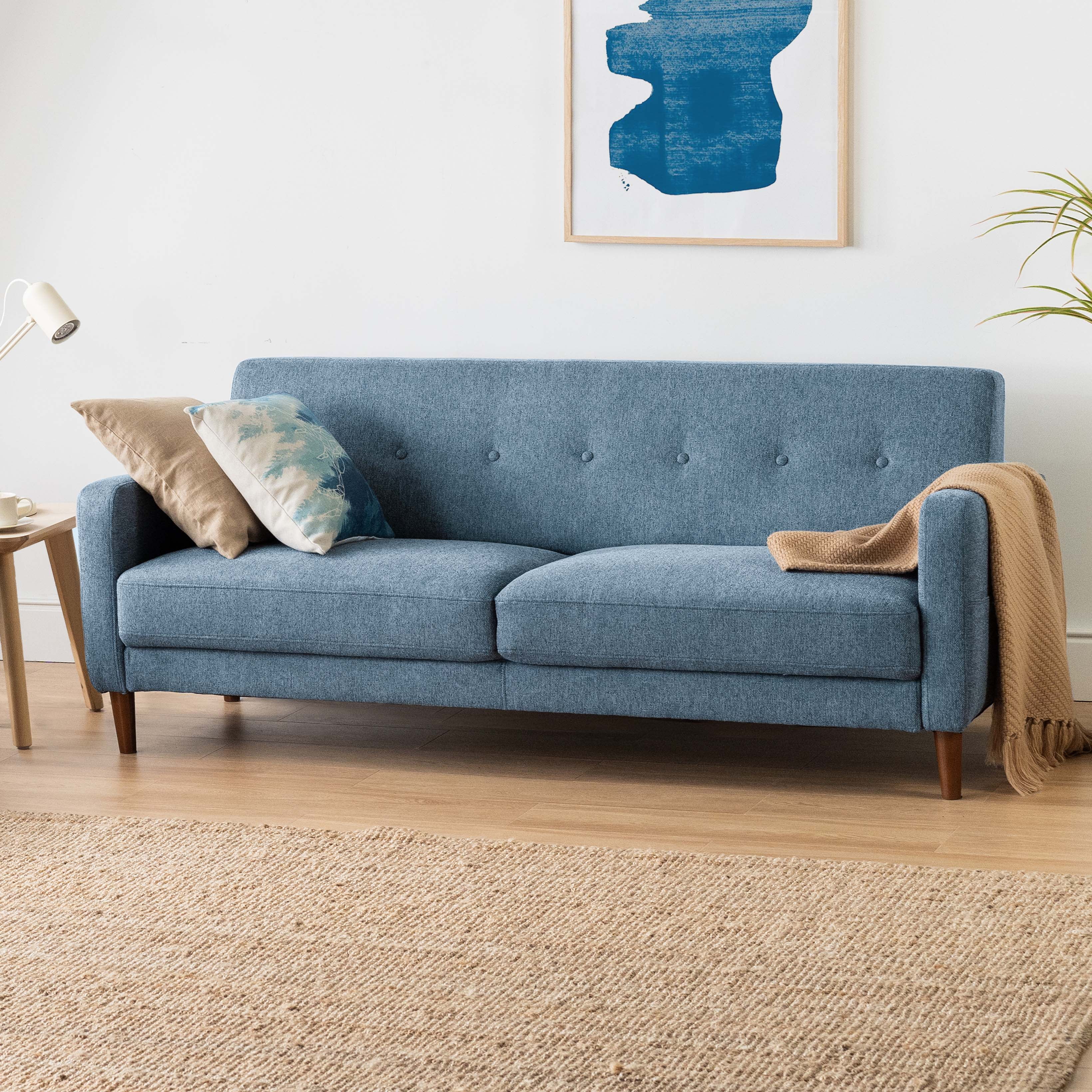 Mellow Adair MidCentury Modern Sofa with Armrest Pockets, Tufted Linen