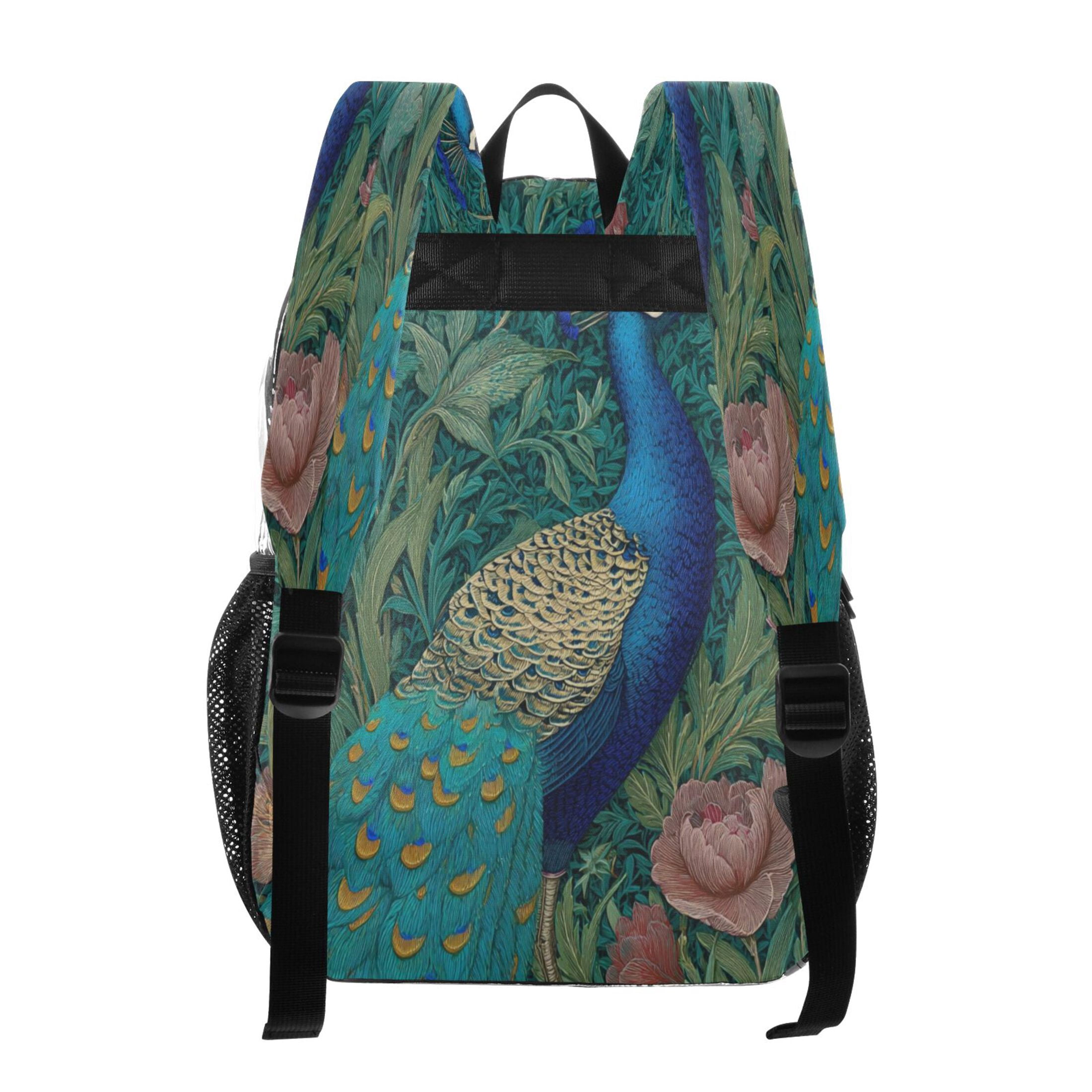 PVC Transparent Backpacks Clear Backpack for Travel and Outings Peacock Illustration