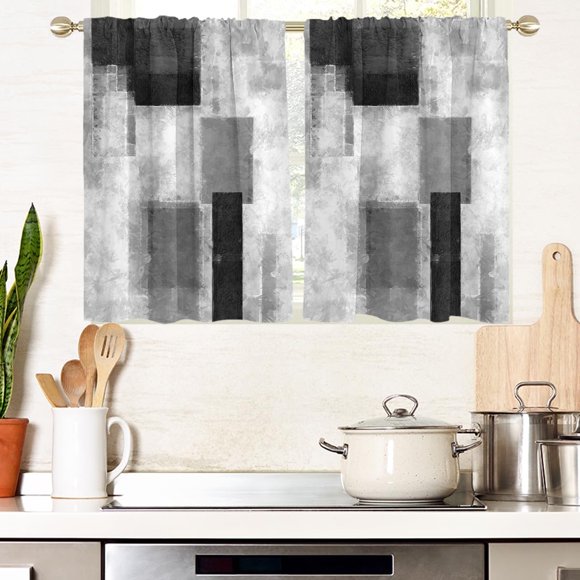 Rideaux de Fenêtre Noir Gris et Blanc pour Cuisine Gris Art Abstrait Esthétique Petits Courts Maison Salon Chambre Salle de Bain Draperies Traitement Niveaux Tissu 1 Paire, 27.5 Pouces L x 39 Pouces H, Moderne