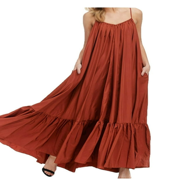 Robe Longue d'Été Décontractée et Fluide pour Femmes avec Poche, Bretelles Spaghetti, Encolure Dégagée, Ample, pour la Plage