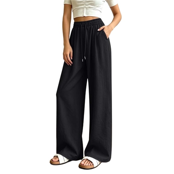 Njagoc3 Wide Leg Pants for Women Flowy Palazzo Drawstring Elastic Waist Fall Beach Lounge Casual Trousers with Pockets