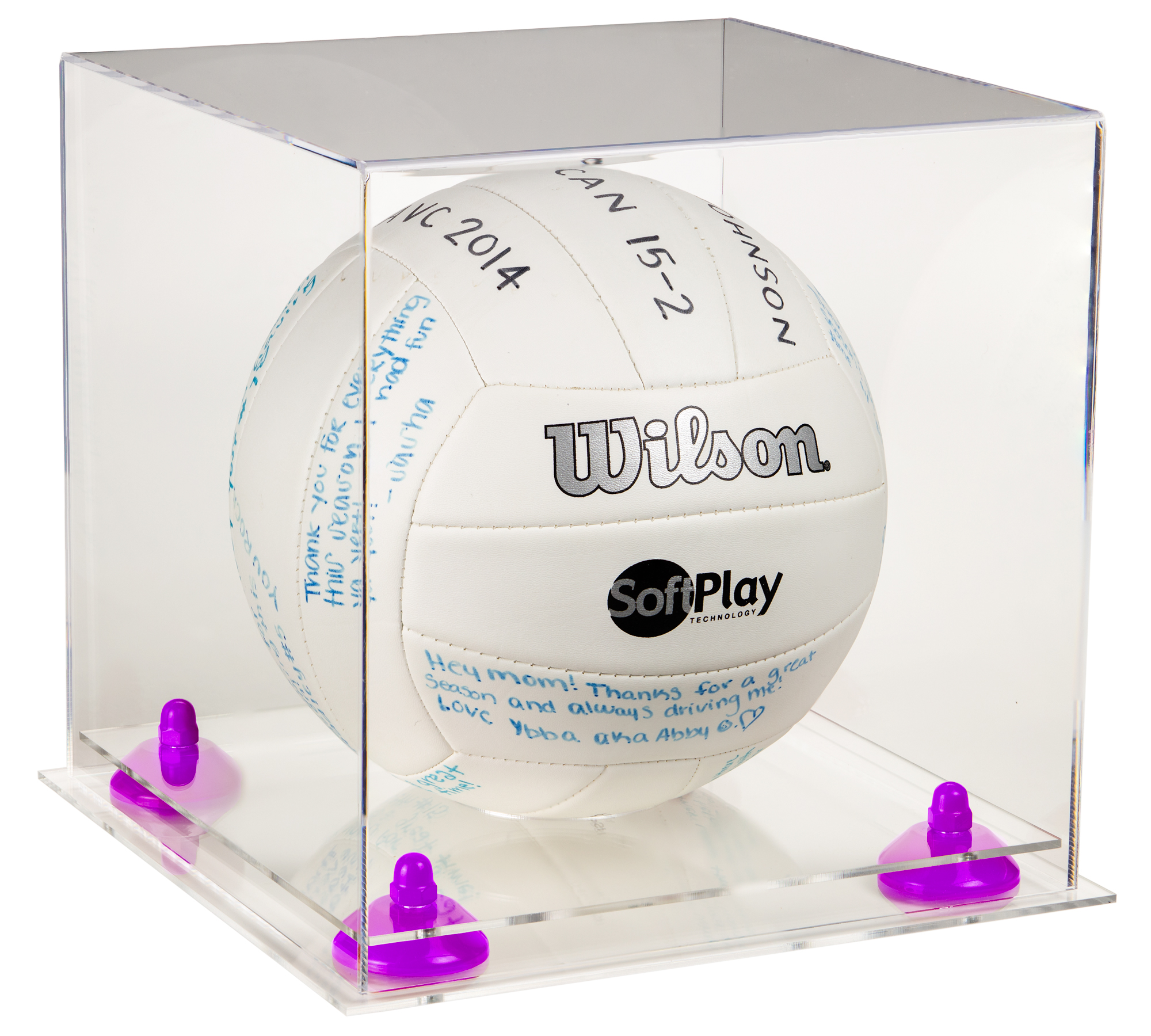 Deluxe Clear Acrylic Volleyball Display Case with Purple Risers and Clear Base (A027PR