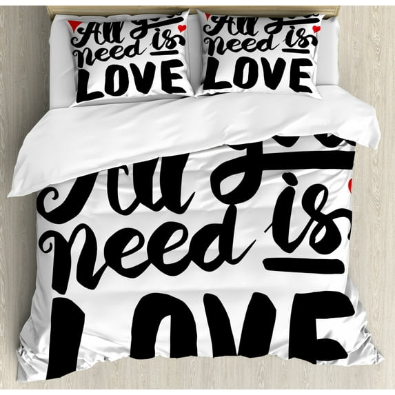 All You Need Is Love Duvet Cover Set King Size, Calligraphic Valentines Day Phrase with Romantic Hearts, Decorative 3 Piece Bedding Set with 2 Pillow Shams, Black Vermilion and White, by Ambesonne