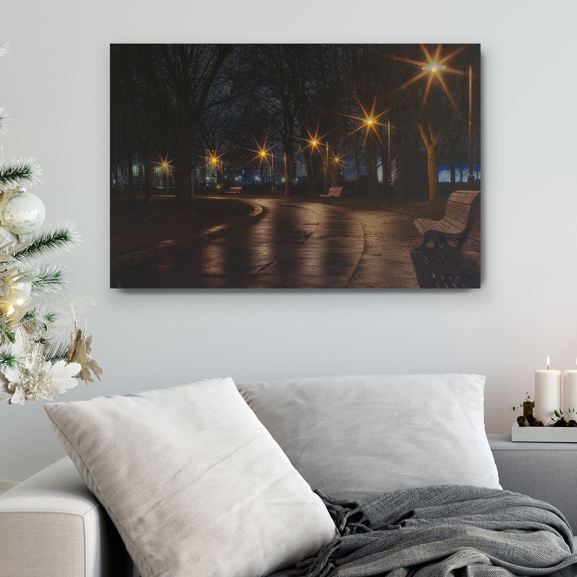 LED Lighted Nighttime City Park Scene Canvas Wall Art 15.75" x 23.75"