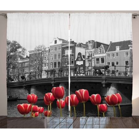 Black And White Curtains 2 Panels Set Monochrome Photo Of Amsterdam Black And White Curtains 2 Panels Set Monochrome Photo Of Amsterdam C With Red Tulips