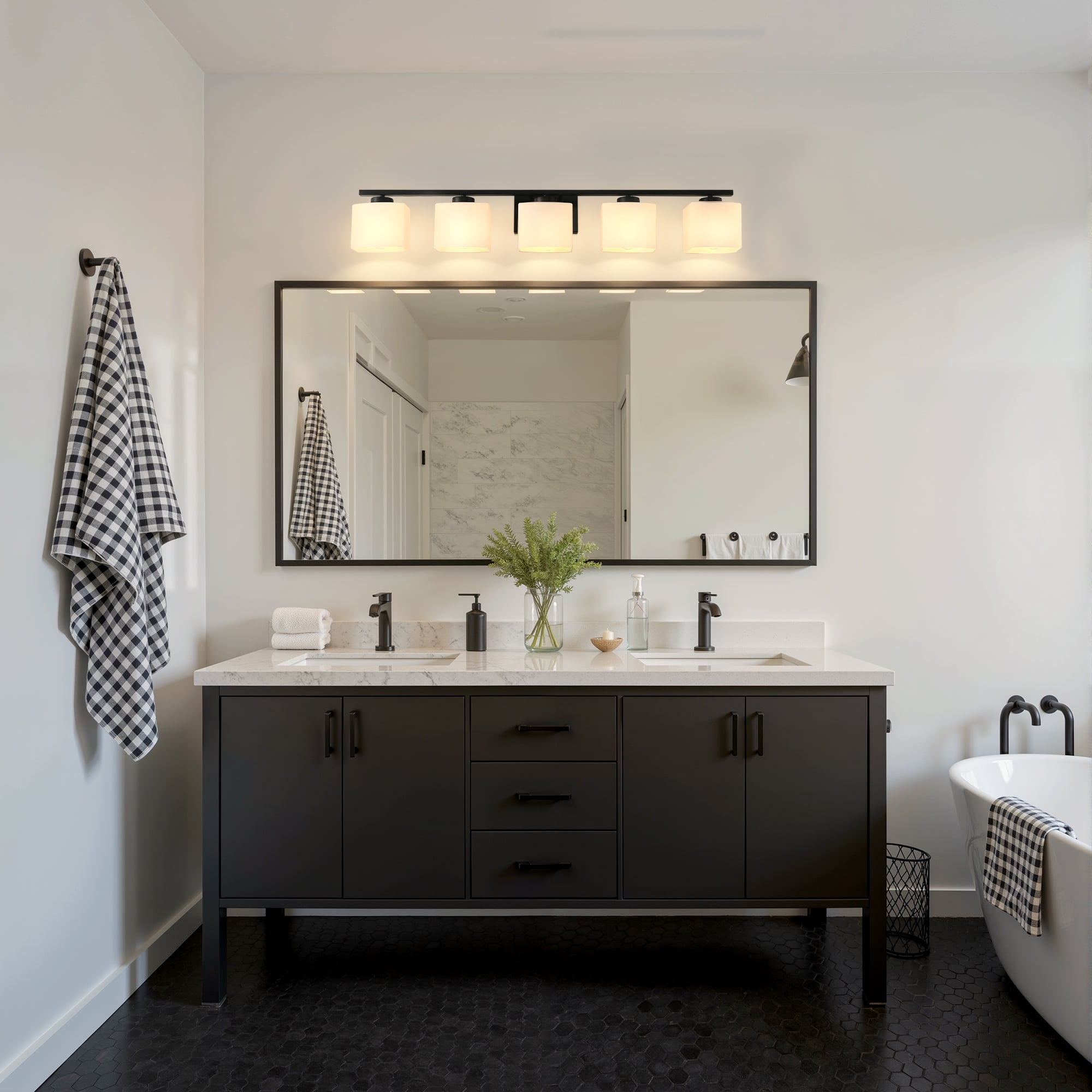 YANSUN 39.8 in 5-Light Matte Black Modern Square Vanity Light with Milk White Shades, KD Wall Lamp, Modern Vanity Light Fixture for Bathroom Mirror, Bedroom, Living Room, Hallway, Vanity Table