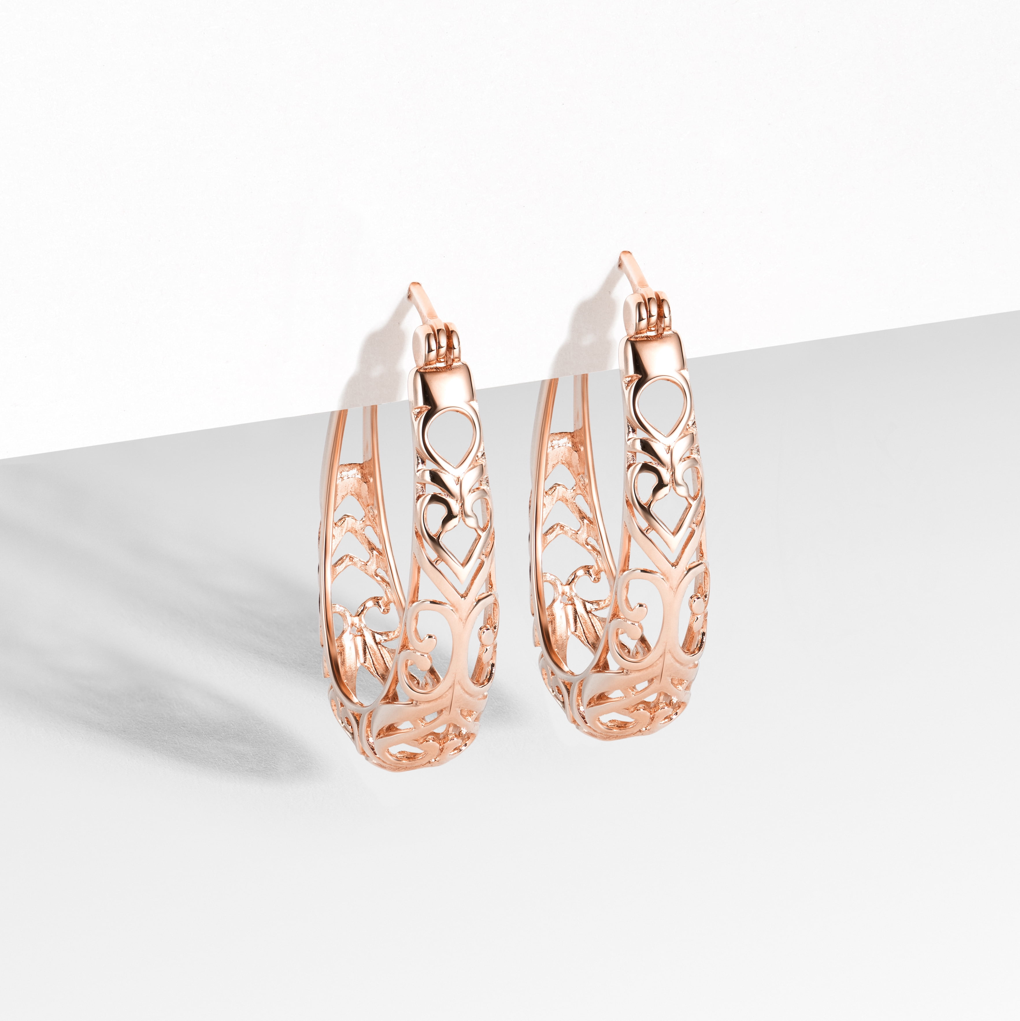 Forever Facets Filigree Oval Hoop Earrings in Rose Gold Over Sterling Silver, Adult Female