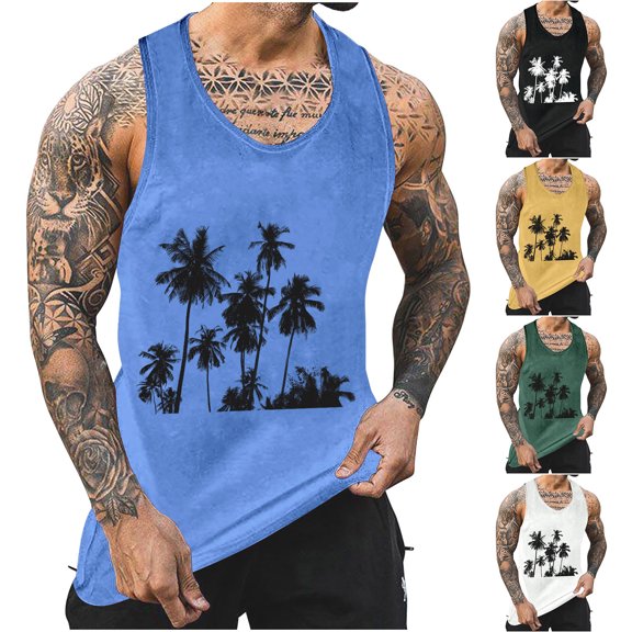 Mens Big and Tall Summer Stringer Tank Tops Hawaiian Vacation Beach Tanks Trendy Sleeveless Breathable Muscle Shirts Lightweight Comfy Crewneck Undershirt