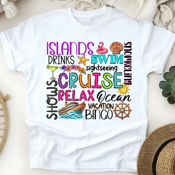 Cruise Vacation Word Art Shirt – Relax Swim Island Ocean Graphic Tee, White, Size S