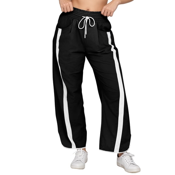 Sewkxo Womens Track Pant Casual Drawstring Elastic Waist Quick Dry Trousers 2026 Fashion Baggy Contrast Color Striped Athletic Trouser with Pockets,Black 2XL