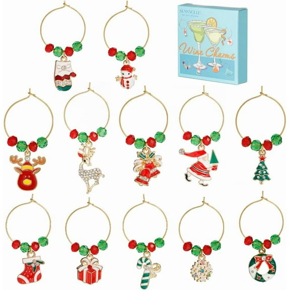 1 Box 12Sets Christmas Wine Charms Drink Markers Red Green Glass Bead Wine Glass Beading Rings Enamel Santa Claus Charm Drink Identifiers