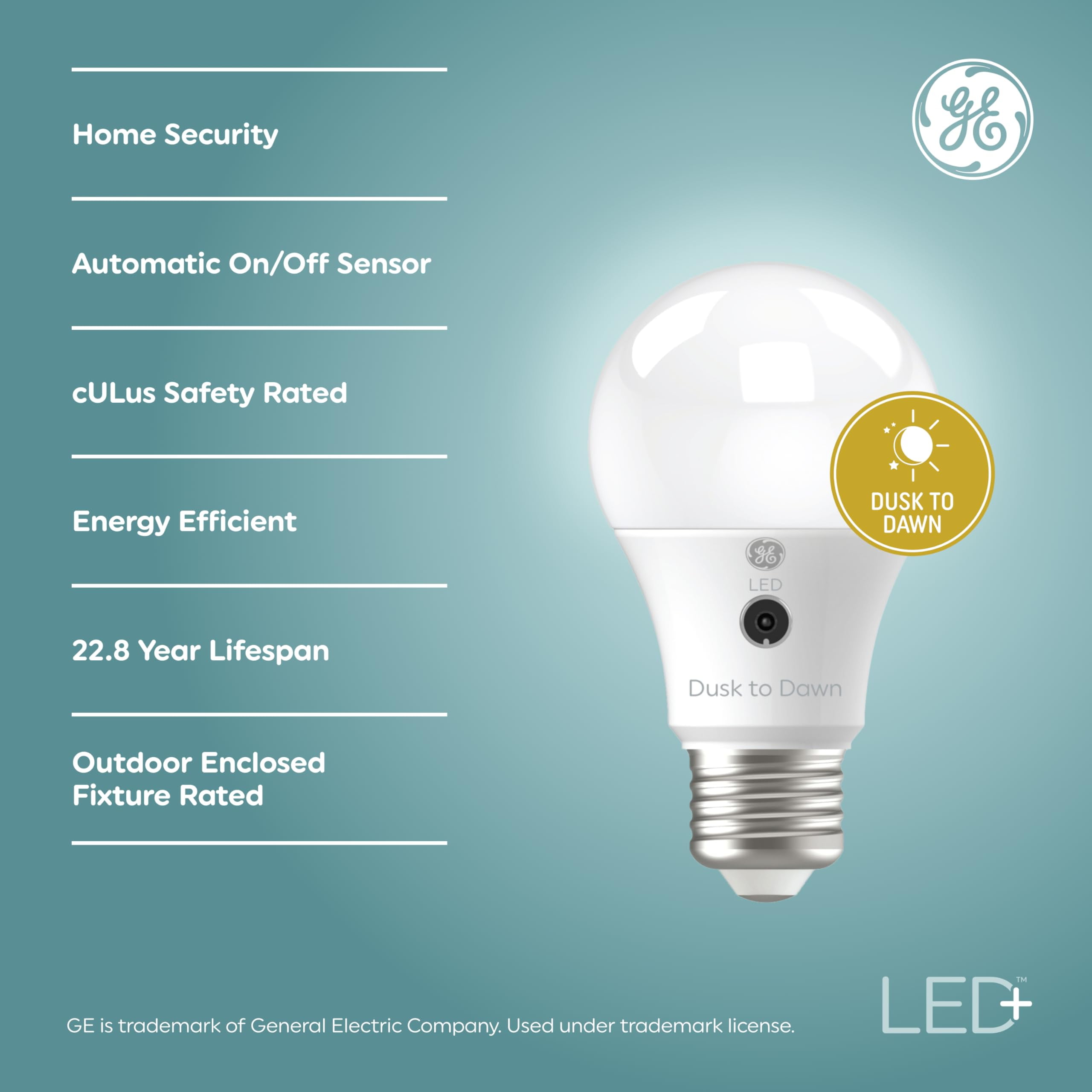 (3 bulbs) GE LED+ Dusk to Dawn A19 LED Light Bulbs, Automatic On/Off Outdoor Light, 8.5W, Soft White
