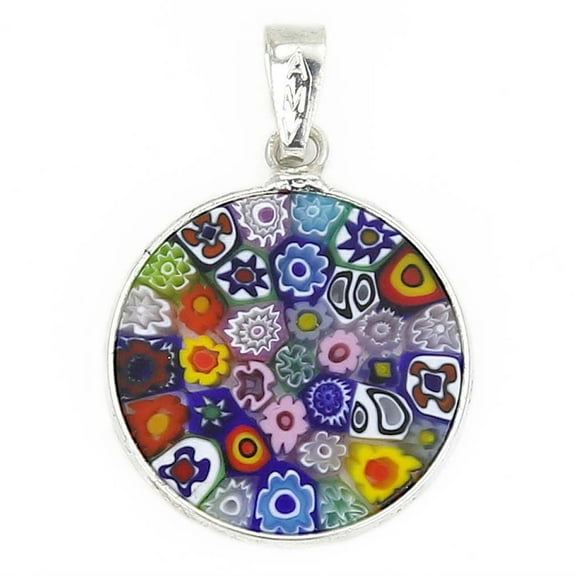 GlassOfVenice Murano Glass Millefiori Pendant "Multicolor" in Silver Frame 3/4"