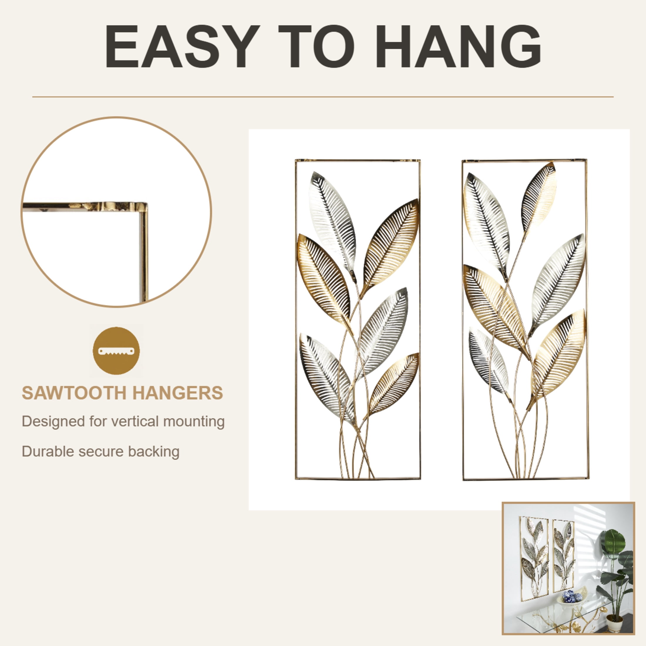 DecMode Gold Metal Metallic Cutout Leaf Wall Decor with Silver Accents (2 Count)