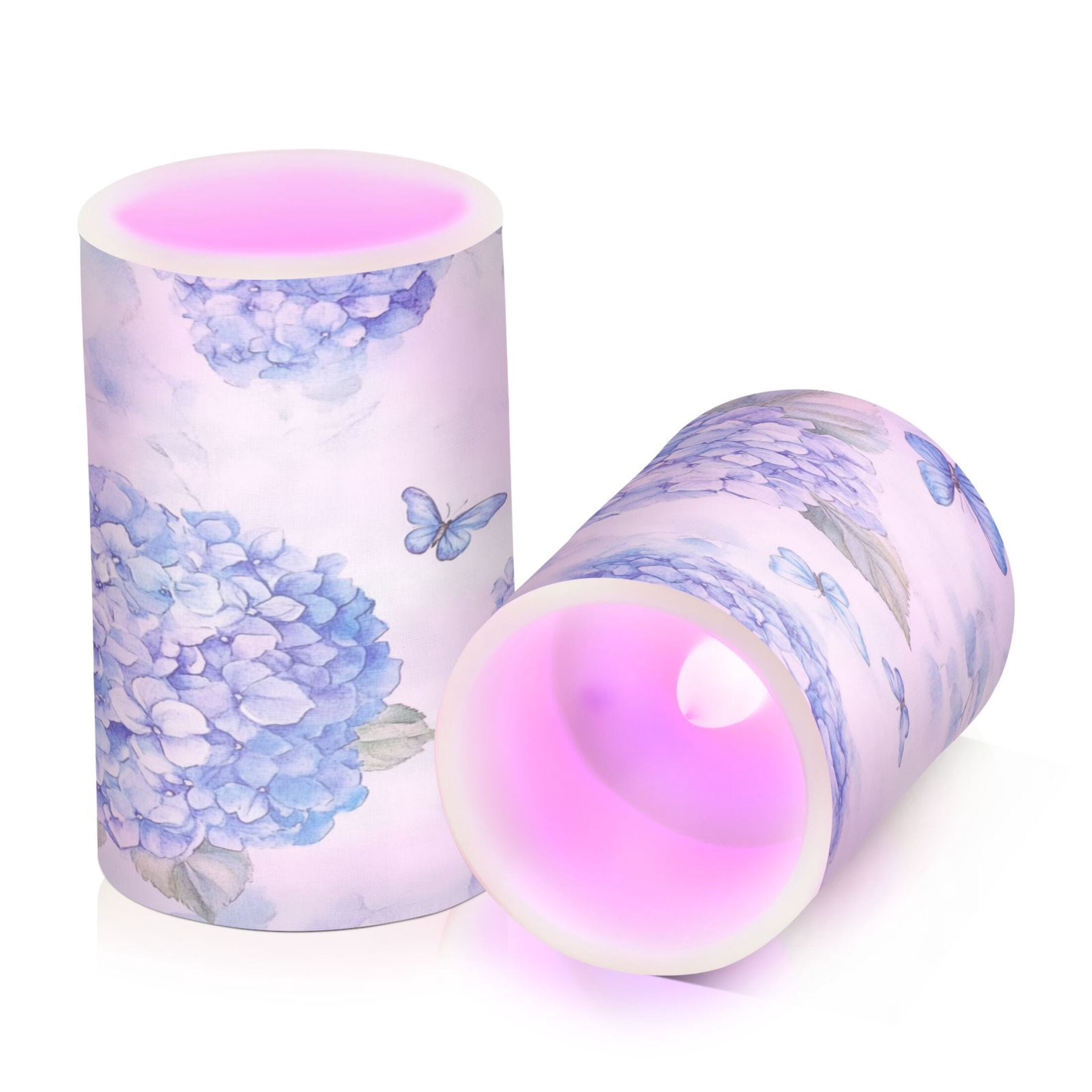 2 PCS Flameless Candles with Remote Timer LED Battery Operated Flickering Candle Light for Wedding Table Home Decoration Gifts Blue Hydrangea Pattern
