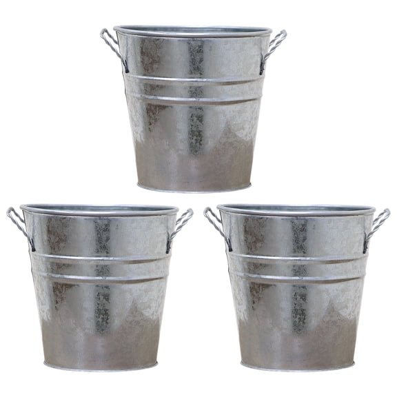 Hosley Set of 3 Galvanized Metal Planters – 5-Inch Rustic Farmhouse Decorative Buckets for Faux Florals, Succulents, and Tabletop Centerpieces